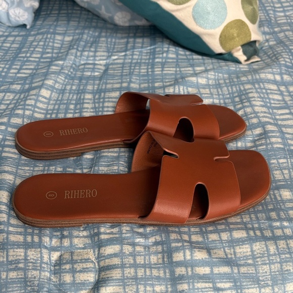 Rihero Women's Brown Square Toe Slide Faux Leather Sandals Size 8 - Picture 4 of 5